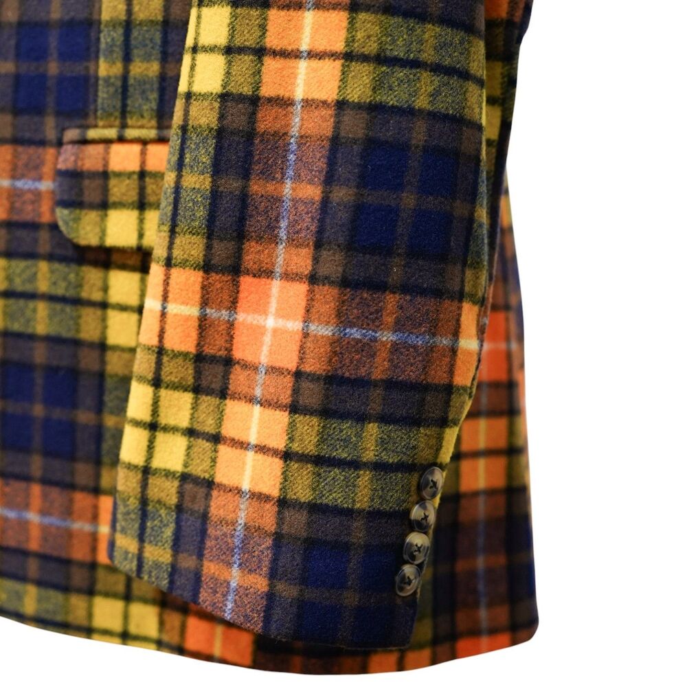 Mens Wool Sport Coat 44R Orange Yellow Blue Plaid Blazer 2 Button Wedding Formal - Picture 8 of 8